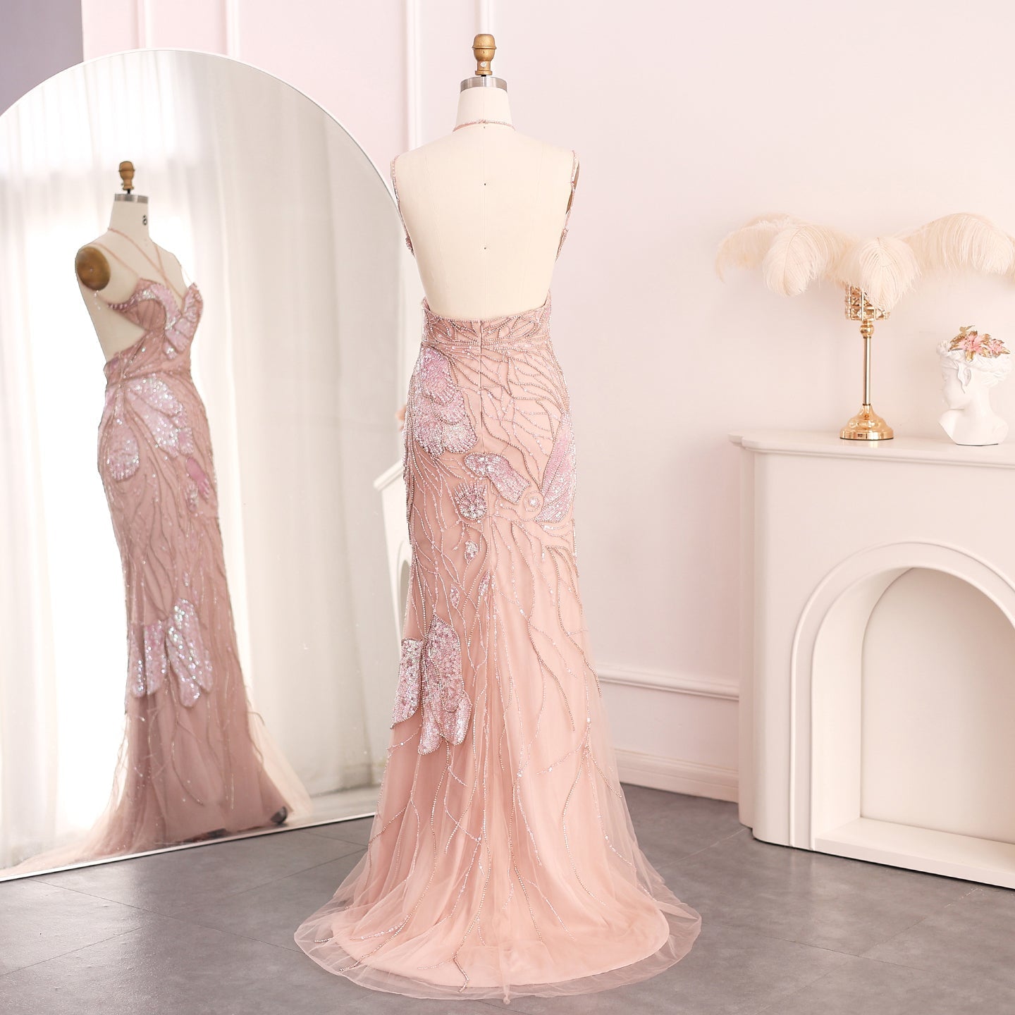 Luxury Mermaid Pink Evening Dress with Feathers Scarf SS478