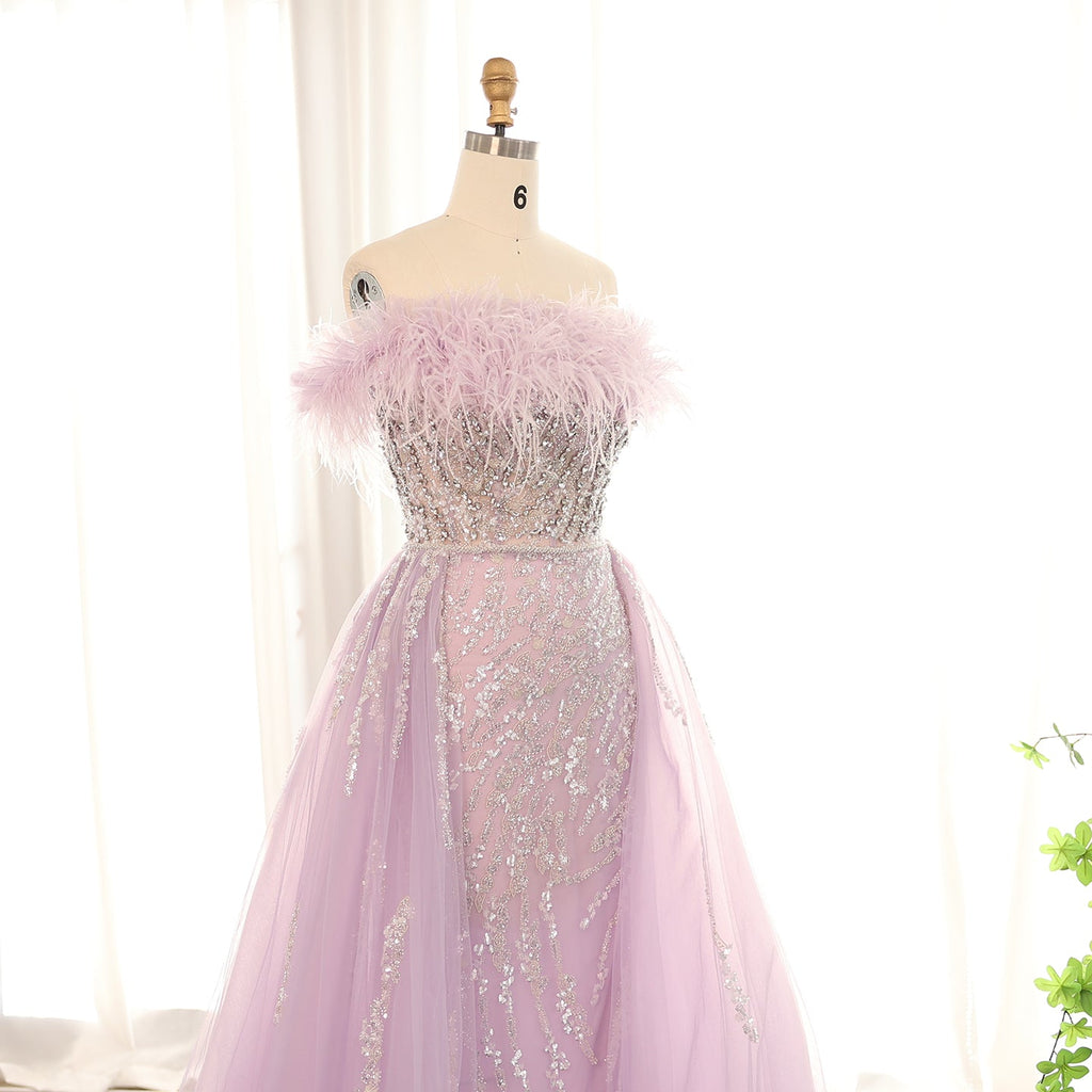 Luxury Feathers Lilac Crystal Evening Dress with Overskirt SS252