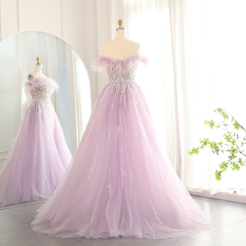 Luxury Feathers Lilac Crystal Evening Dress with Overskirt SS252
