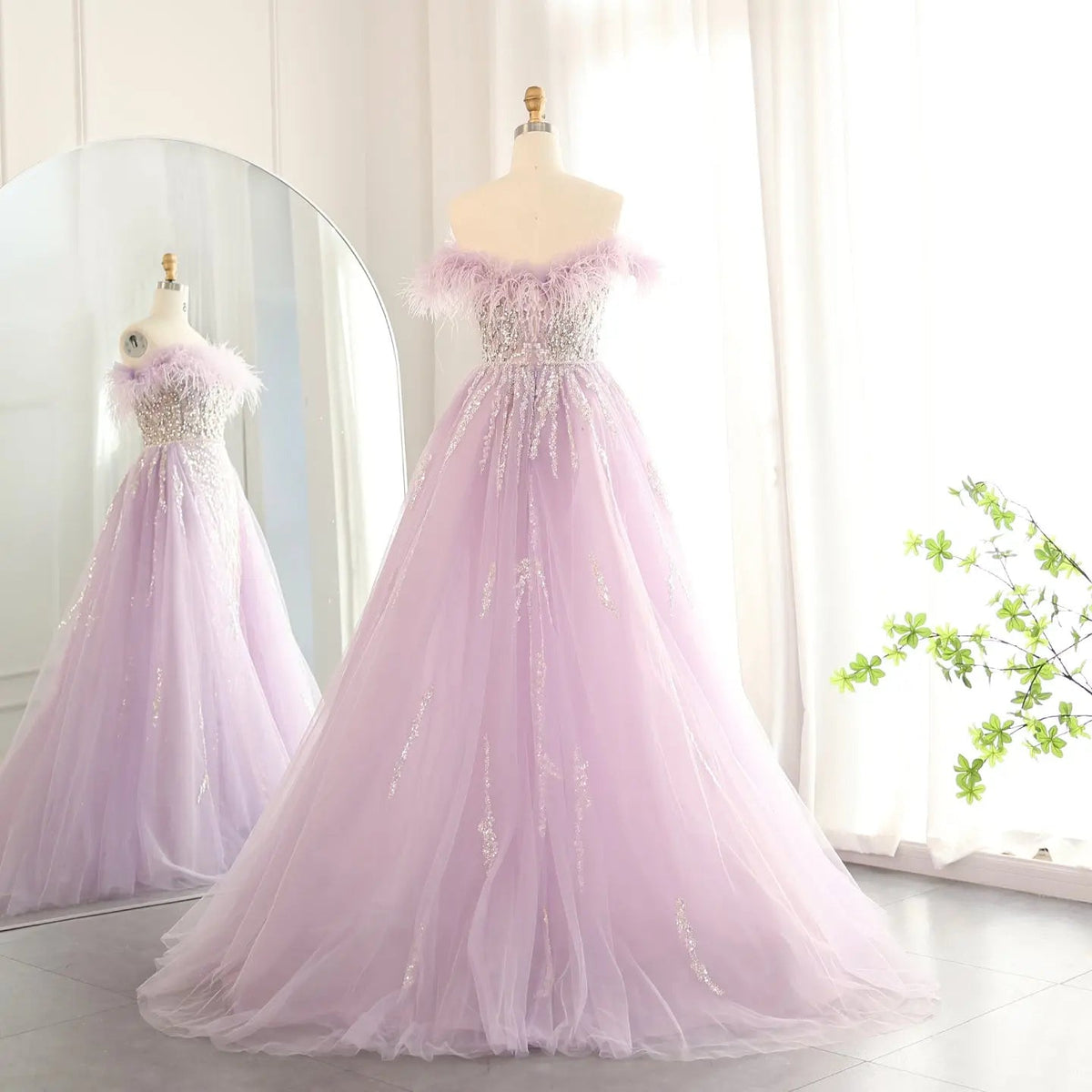 Luxury Feathers Lilac Evening Dress with Overskirt SS252