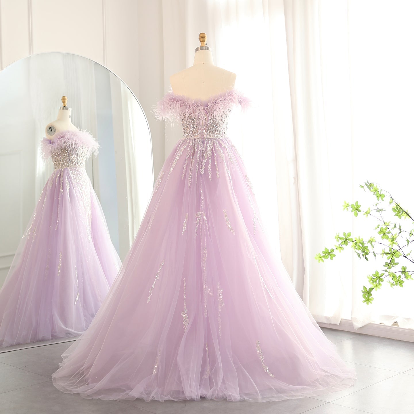 Luxury Feathers Lilac Crystal Evening Dress with Overskirt SS252