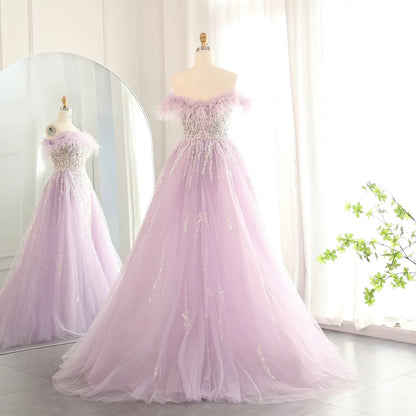 Luxury Feathers Lilac Evening Dress with Overskirt SS252