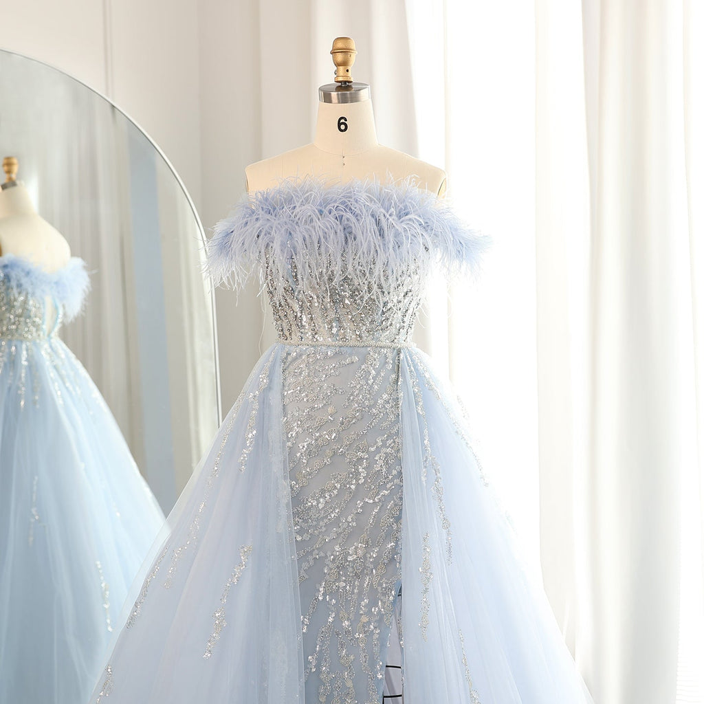Luxury Feathers Lilac Crystal Evening Dress with Overskirt SS252