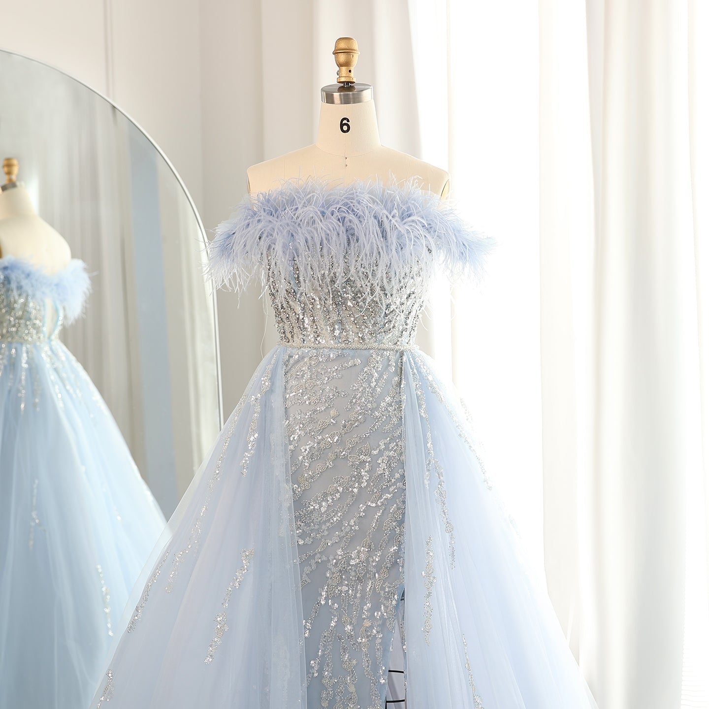 Luxury Feathers Lilac Crystal Evening Dress with Overskirt SS252