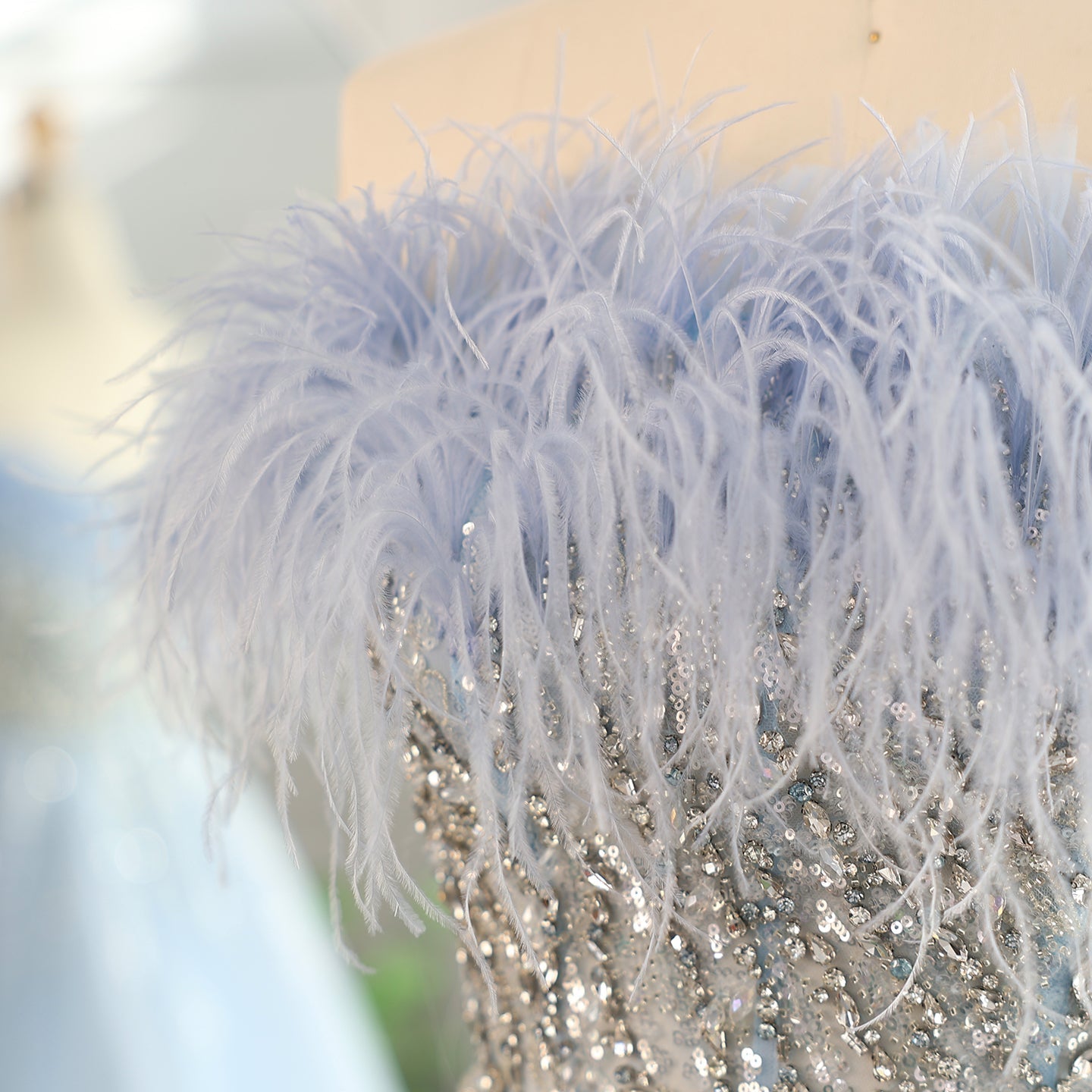 Luxury Feathers Lilac Crystal Evening Dress with Overskirt SS252