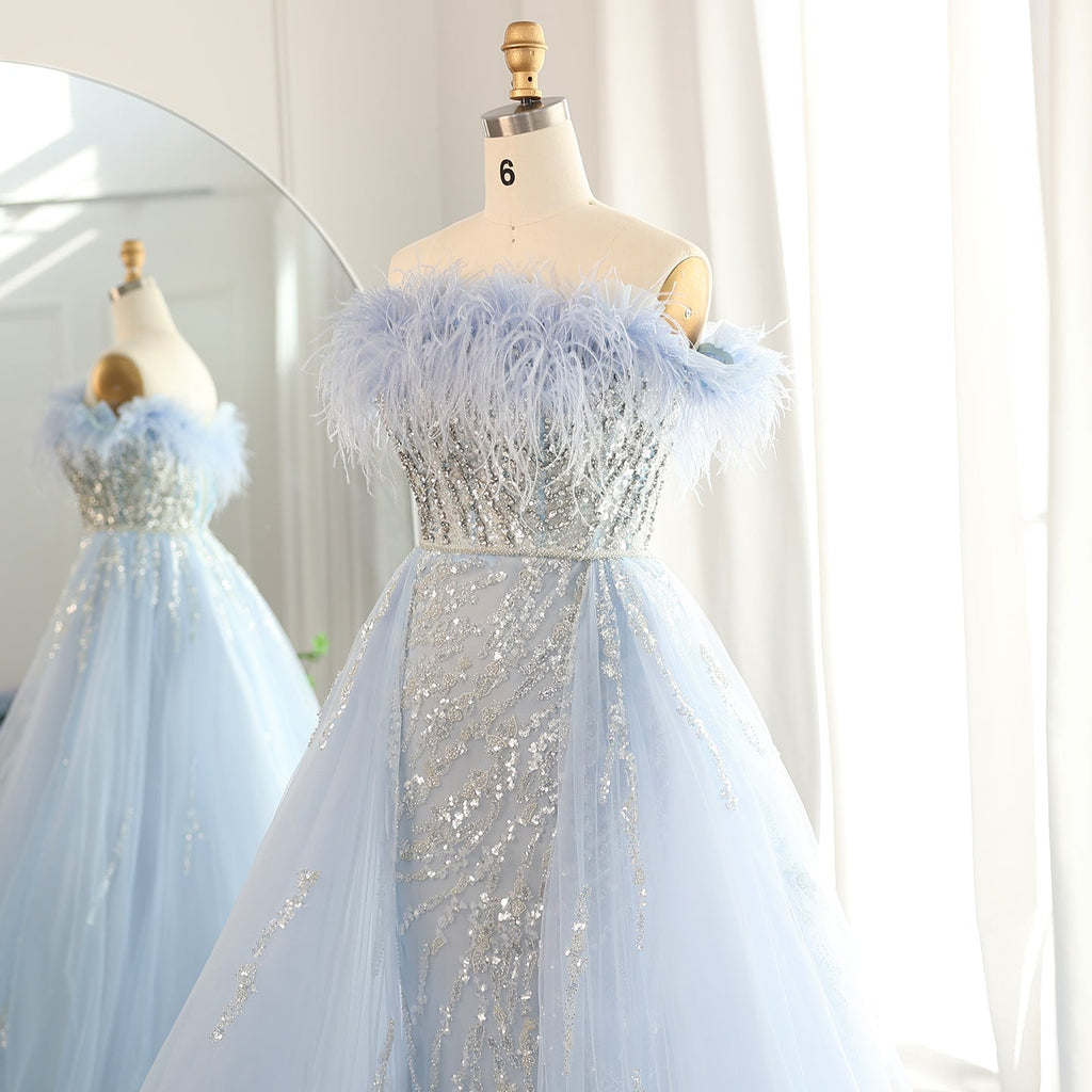 Luxury Feathers Lilac Crystal Evening Dress with Overskirt SS252