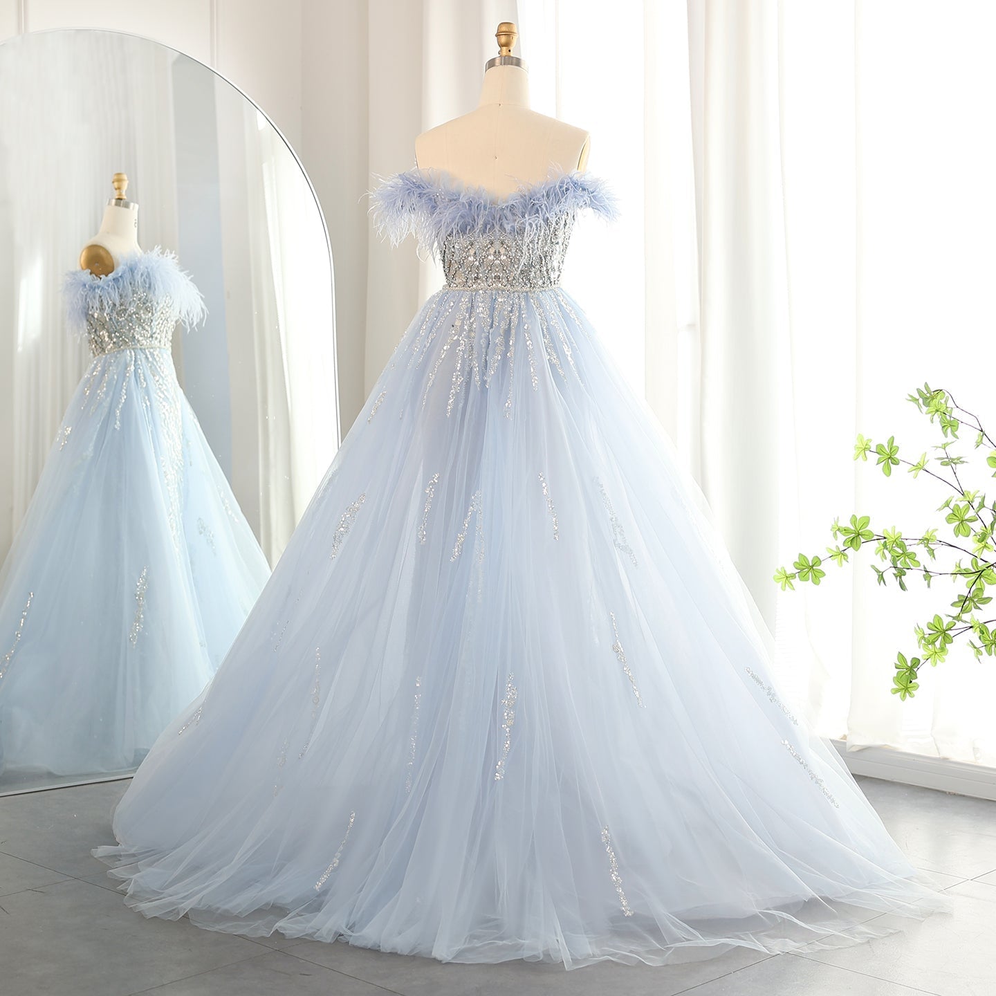Luxury Feathers Lilac Crystal Evening Dress with Overskirt SS252