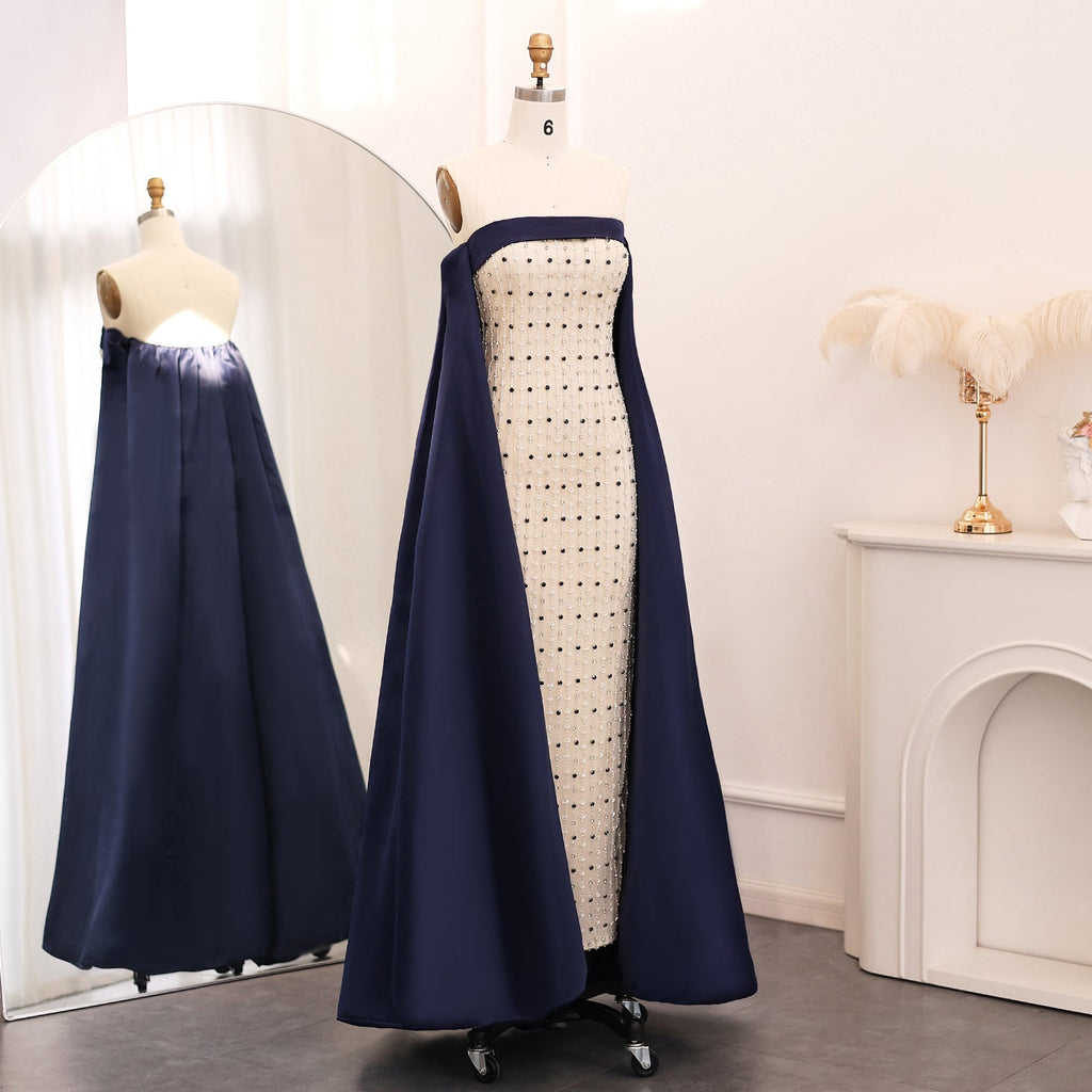 Luxury Beaded White Strapless Evening Dress with Cape SS422