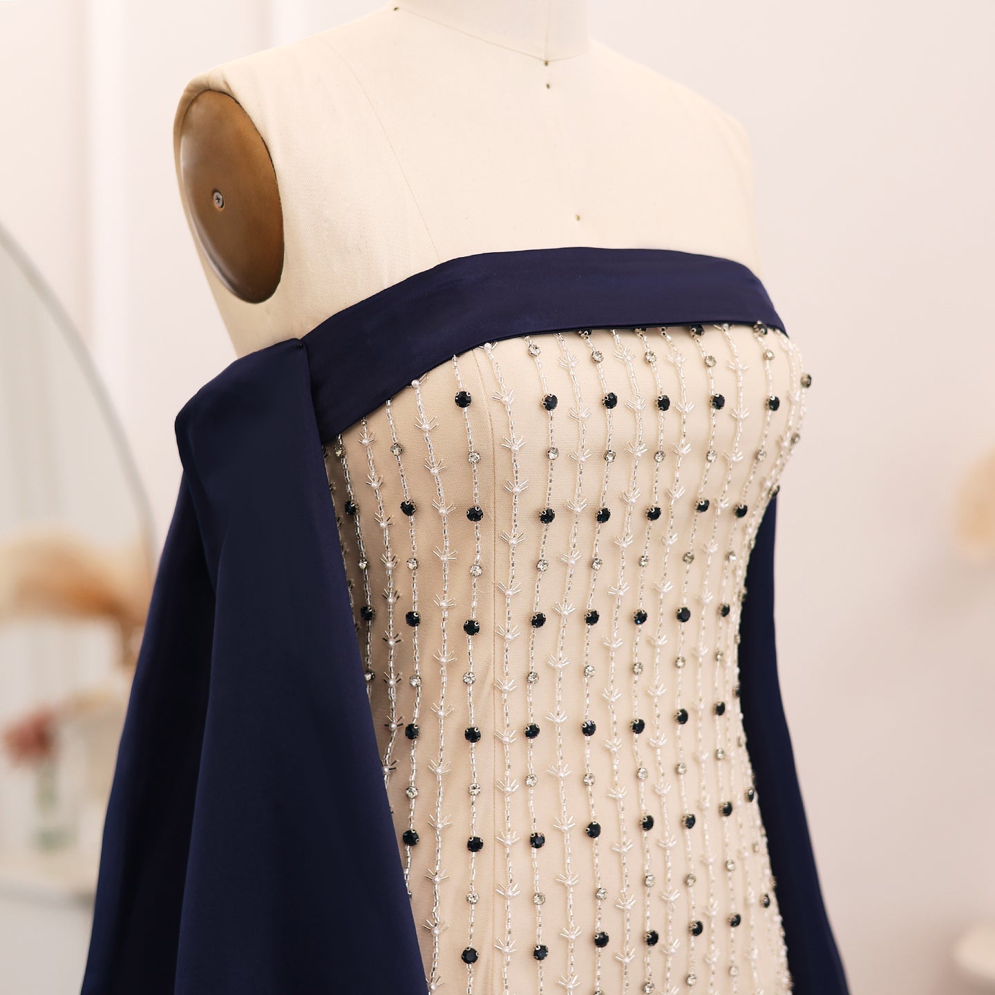 Luxury Beaded White Strapless Evening Dress with Cape SS422