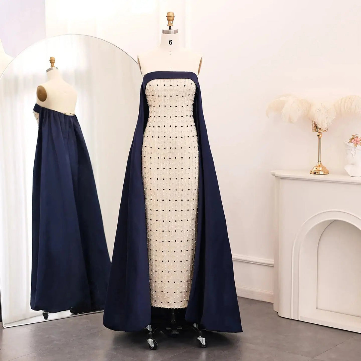Luxury Navy Blue White Strapless Evening Dress SS422