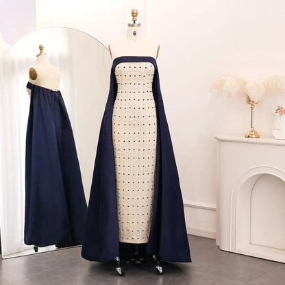 Luxury Navy Blue White Strapless Evening Dress SS422