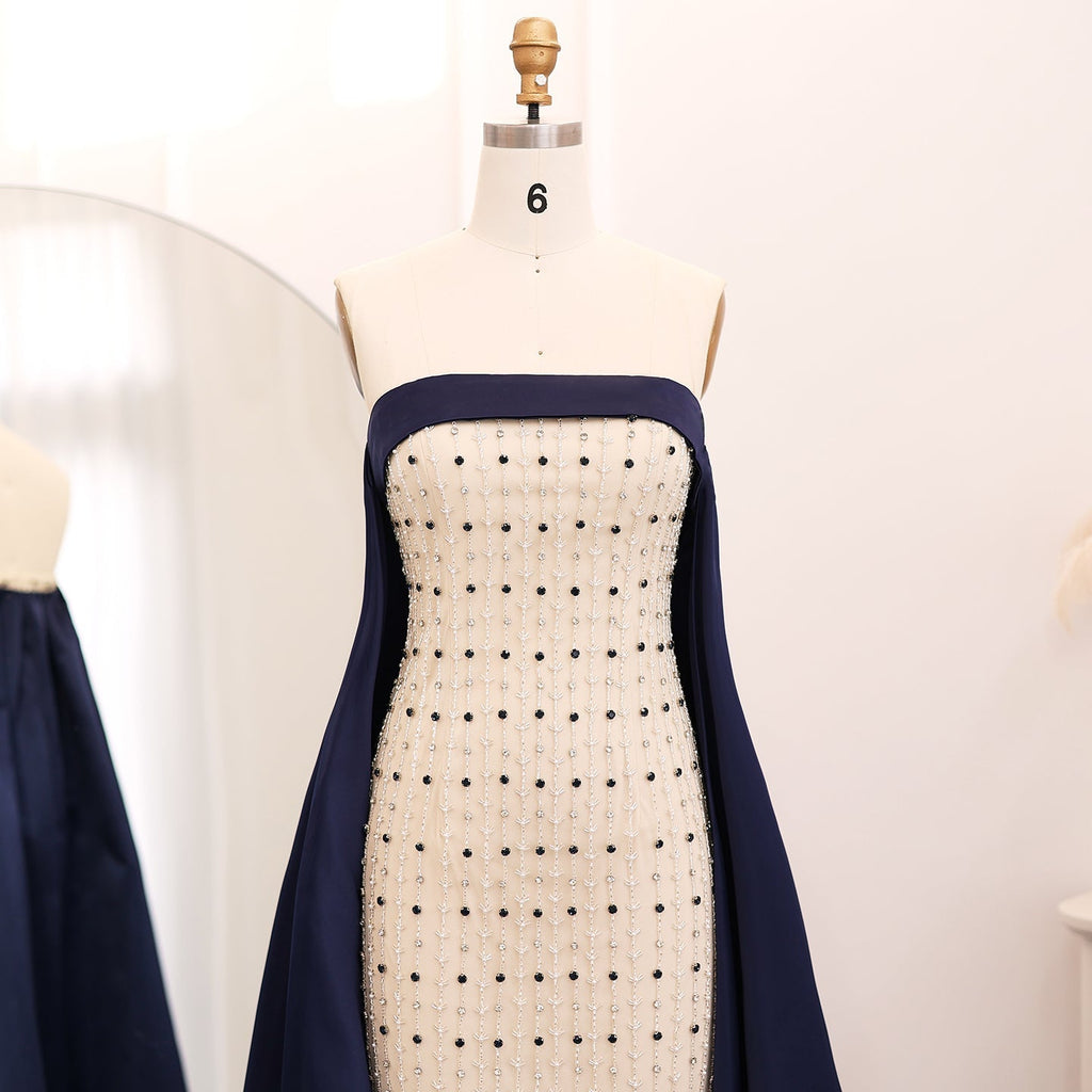 Luxury Beaded White Strapless Evening Dress with Cape SS422