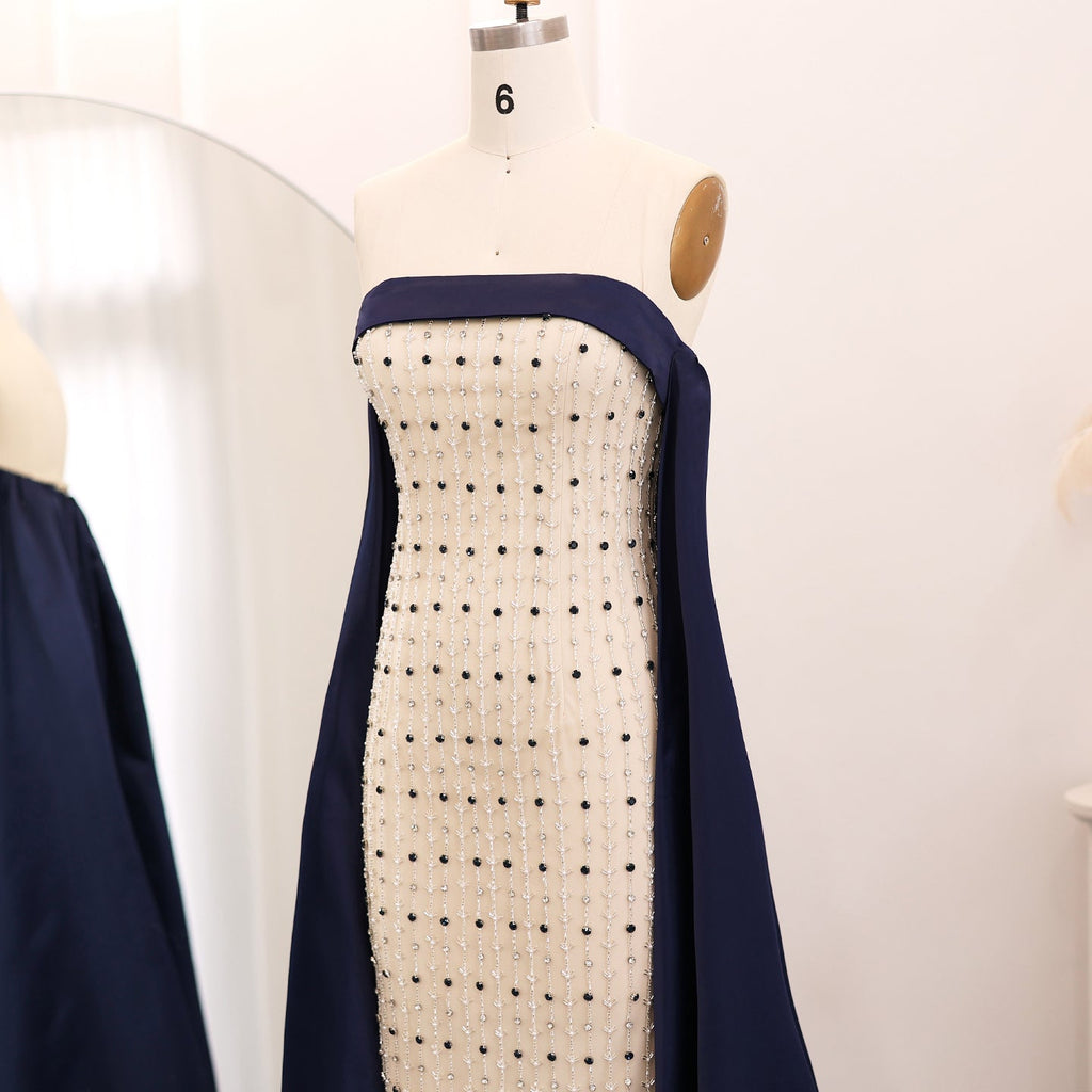Luxury Beaded White Strapless Evening Dress with Cape SS422