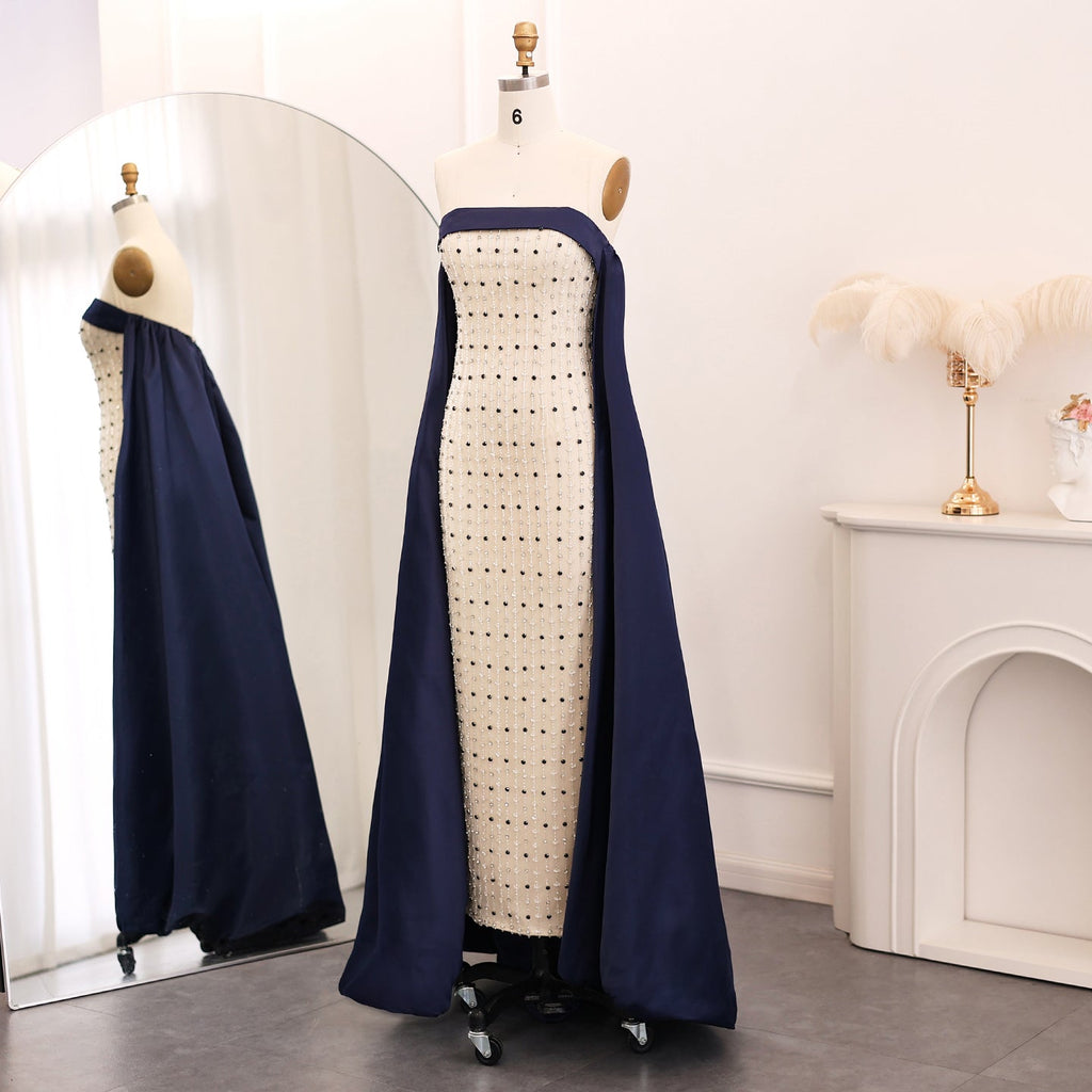 Luxury Beaded White Strapless Evening Dress with Cape SS422