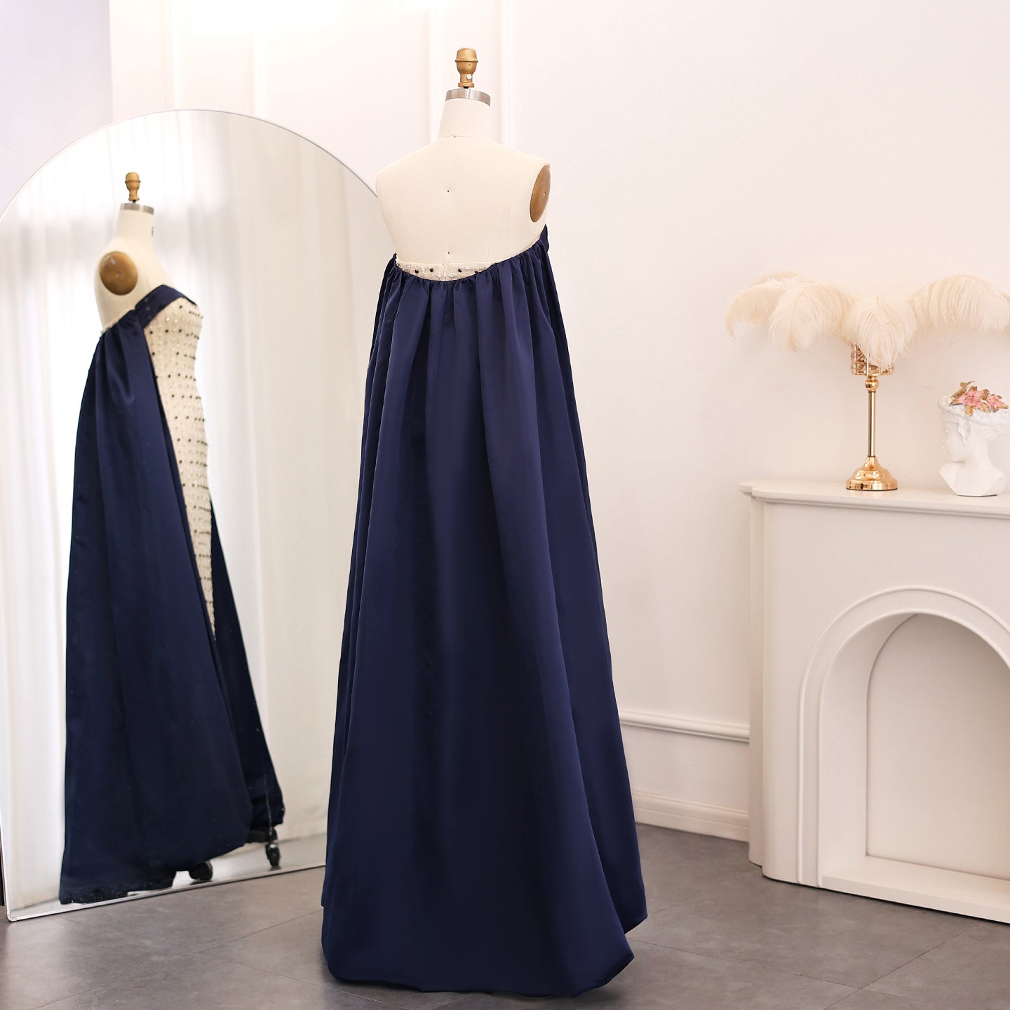 Luxury Beaded White Strapless Evening Dress with Cape SS422
