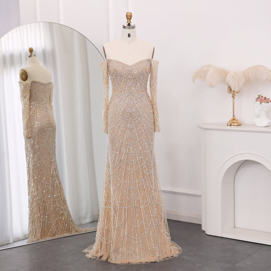 Elegant Pearls Champagne Mermaid Evening Dress SS609
