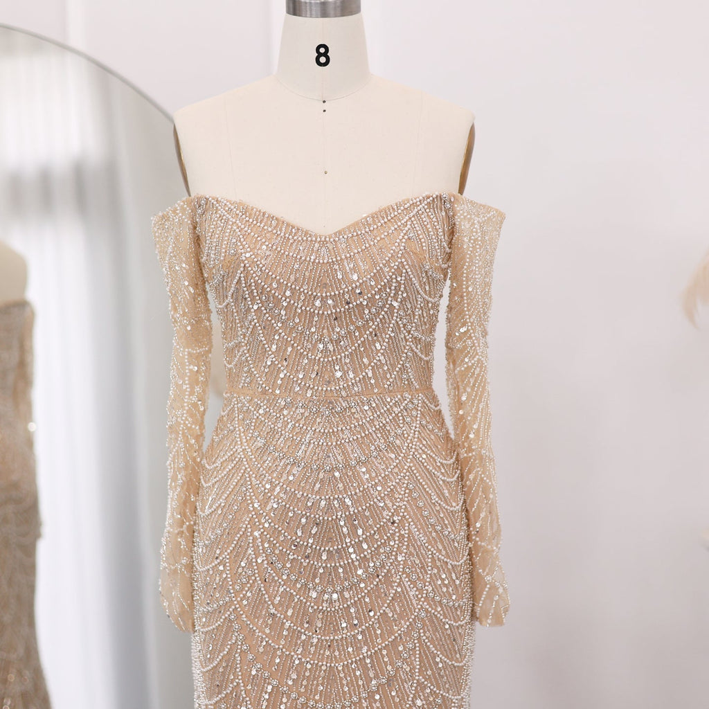 Elegant Pearls Champagne Mermaid Evening Dress SS609