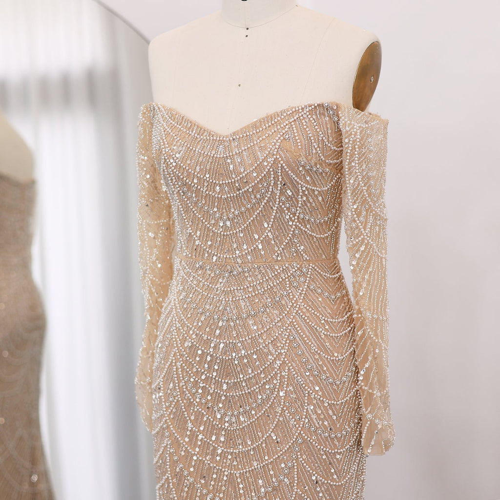Elegant Pearls Champagne Mermaid Evening Dress SS609