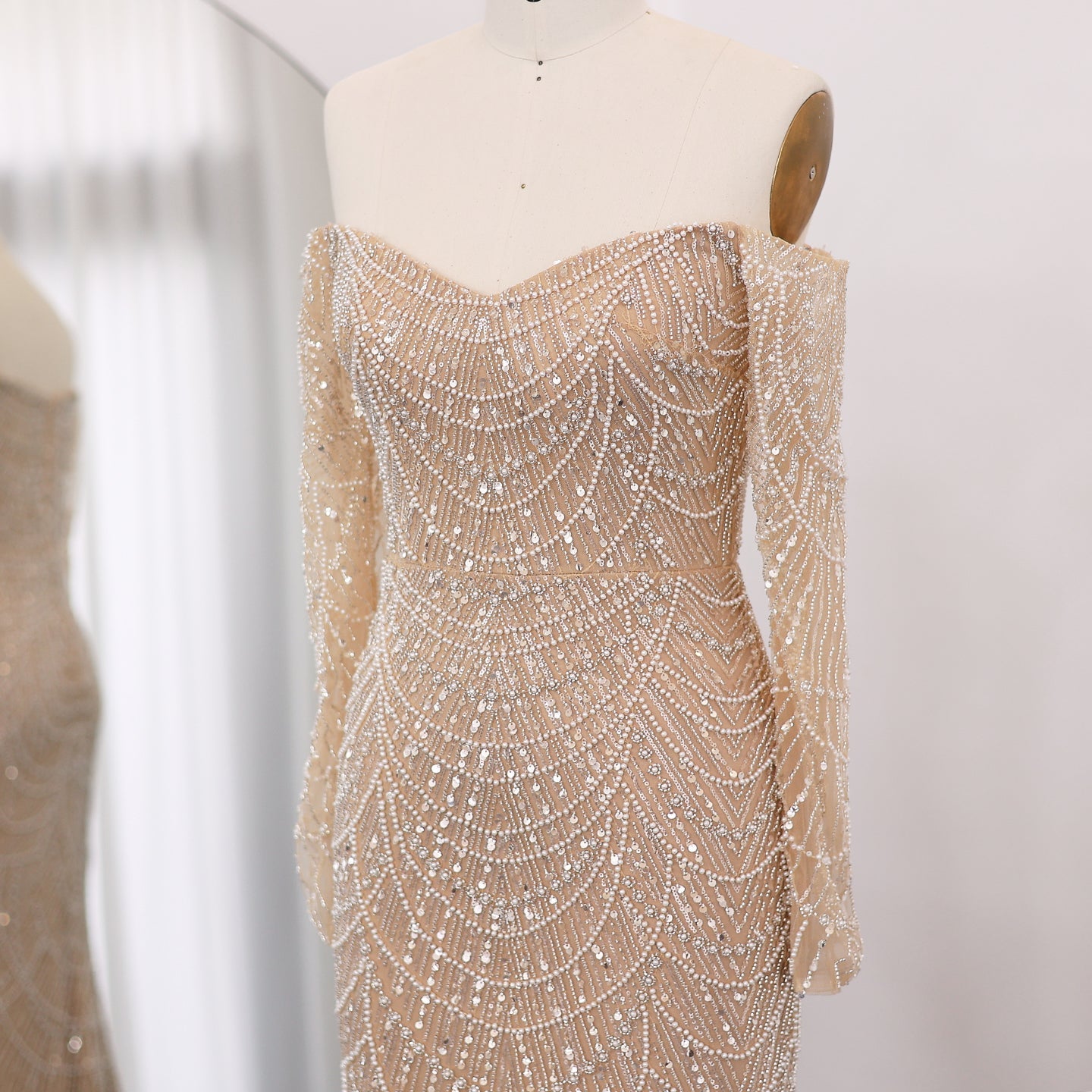 Elegant Pearls Champagne Mermaid Evening Dress SS609
