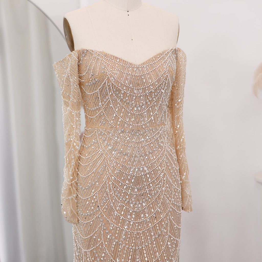 Elegant Pearls Champagne Mermaid Evening Dress SS609