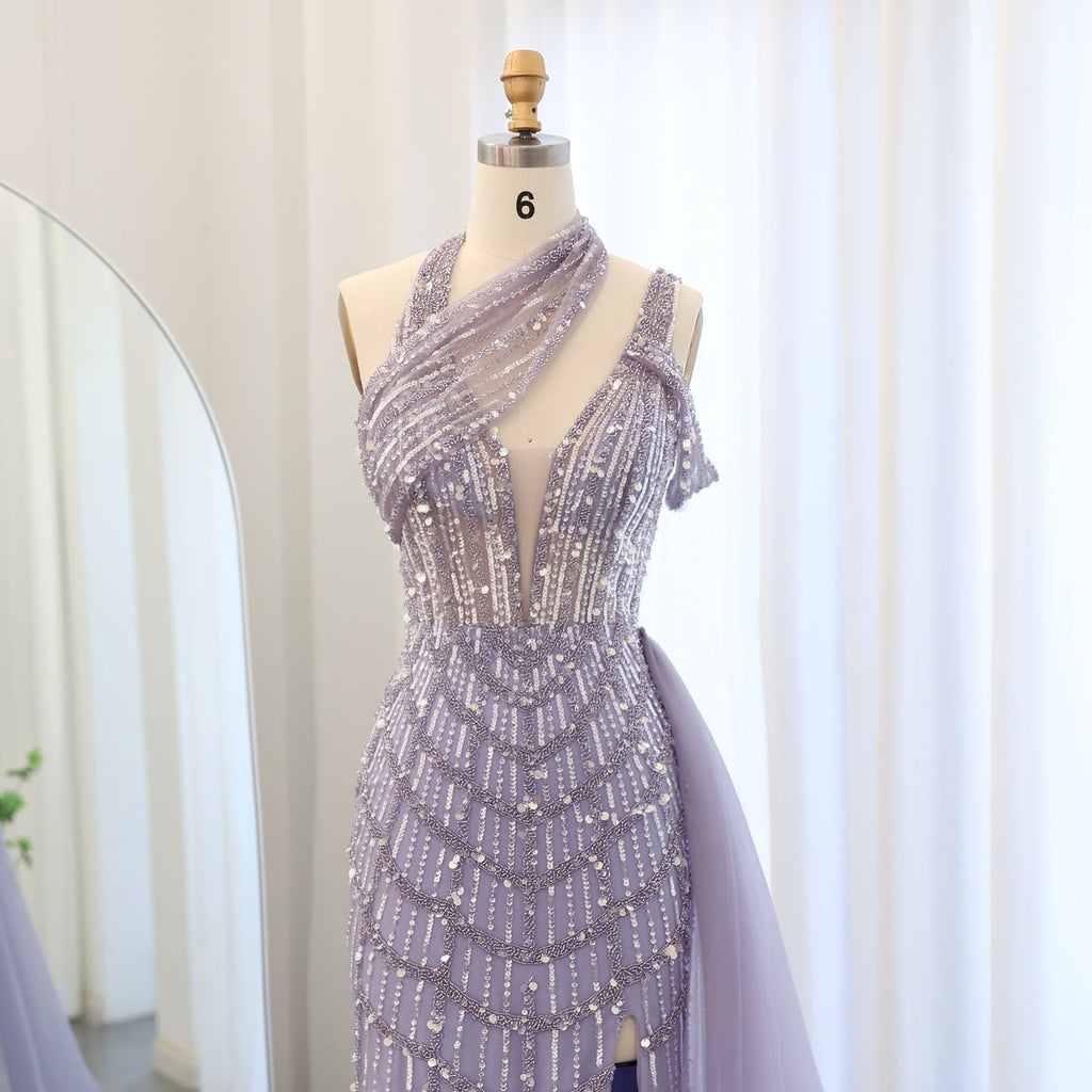 Luxury Beaded Lilac Mermaid Evening Dress with Overskirt SS180