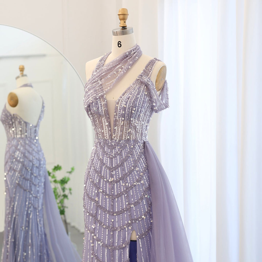 Luxury Beaded Lilac Mermaid Evening Dress with Overskirt SS180
