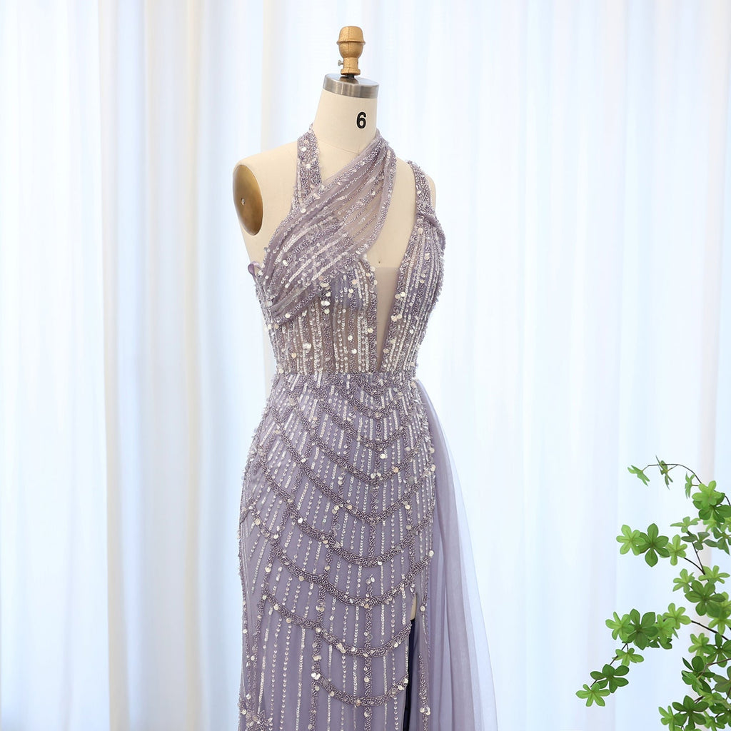 Luxury Beaded Lilac Mermaid Evening Dress with Overskirt SS180