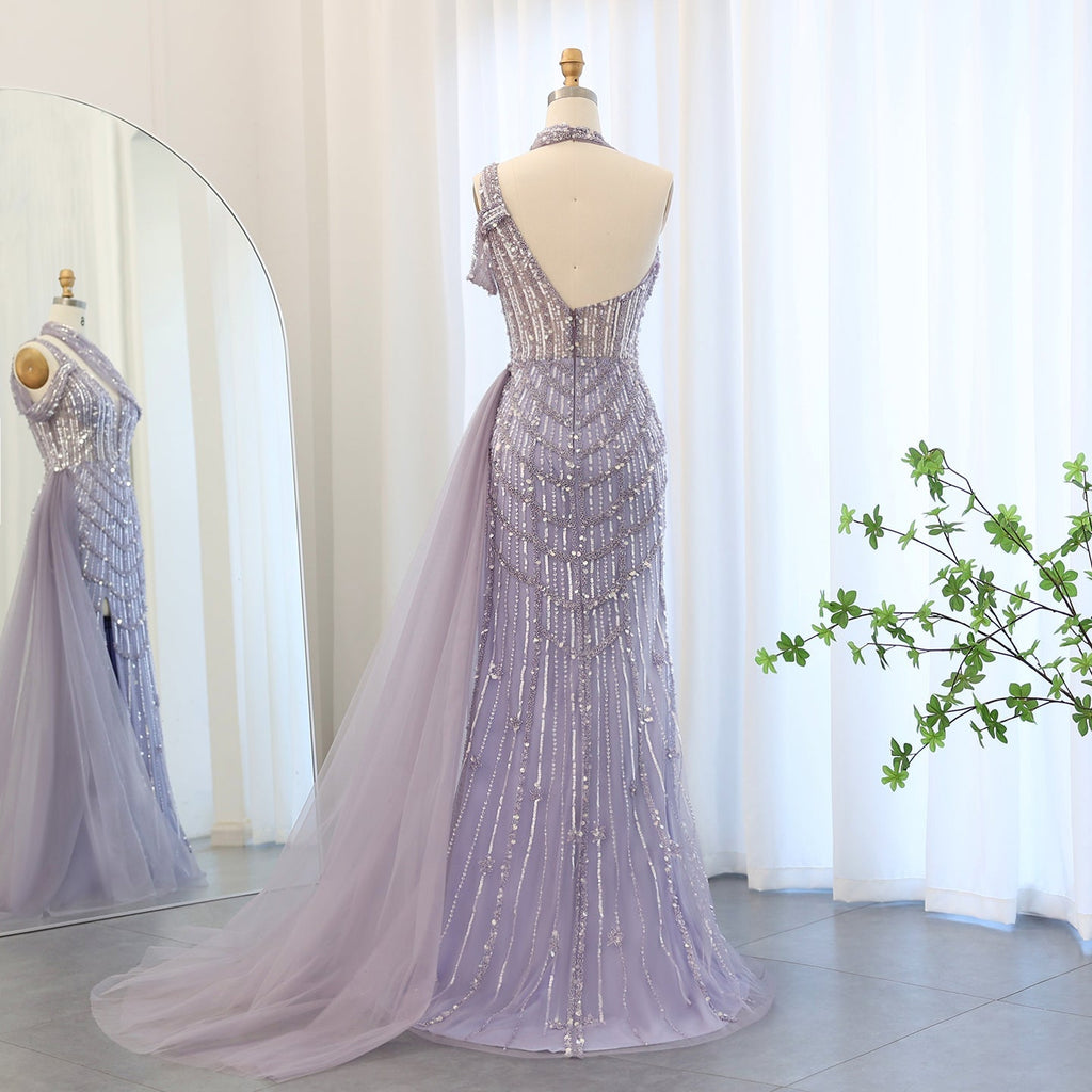 Luxury Beaded Lilac Mermaid Evening Dress with Overskirt SS180
