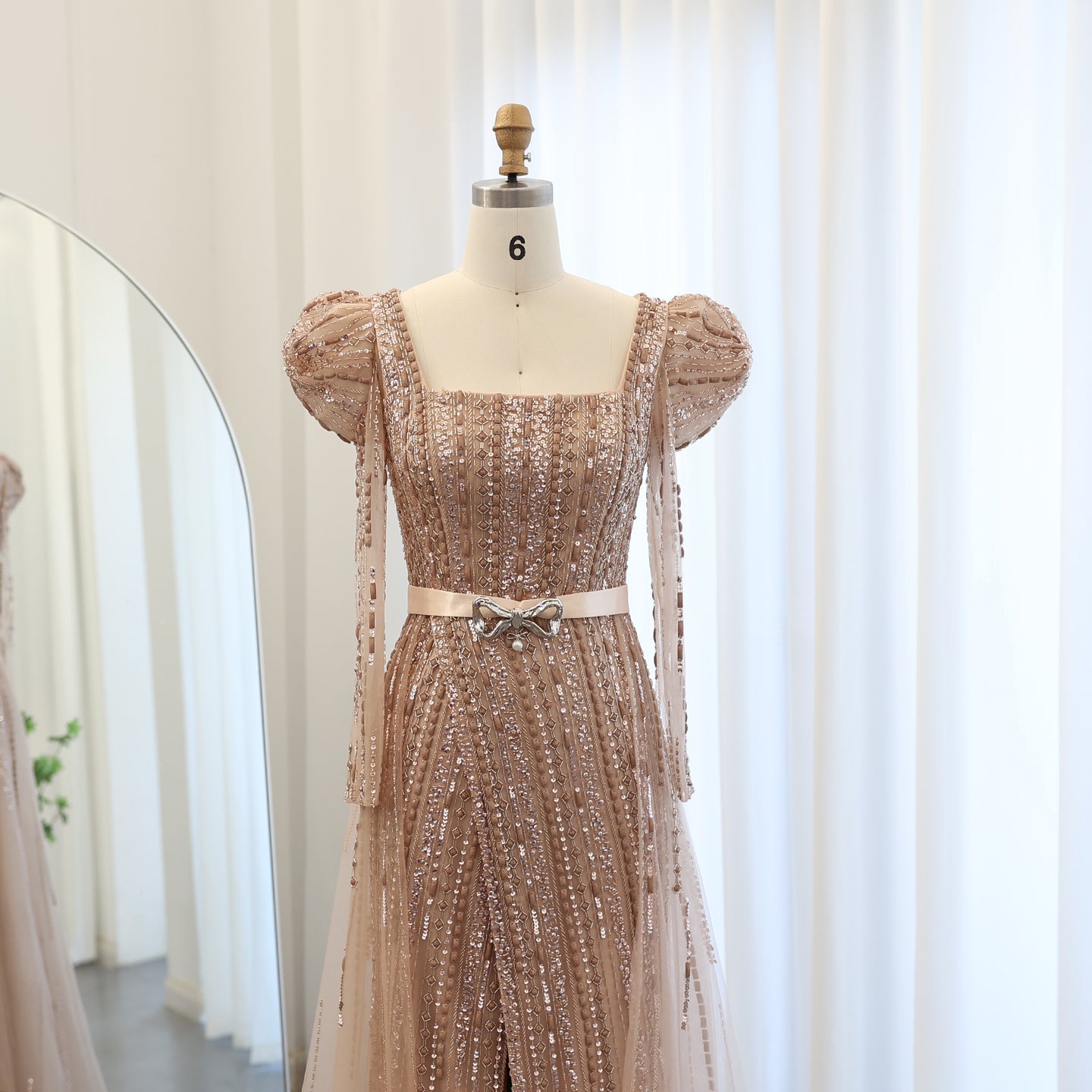 Luxury Fuchsia Long Sleeve Evening Dresses with Overskirt SS318