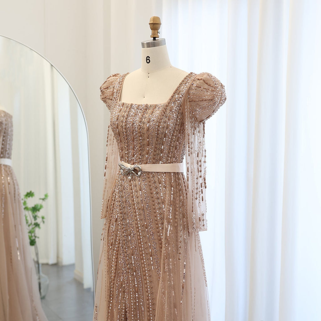 Luxury Fuchsia Long Sleeve Evening Dresses with Overskirt SS318
