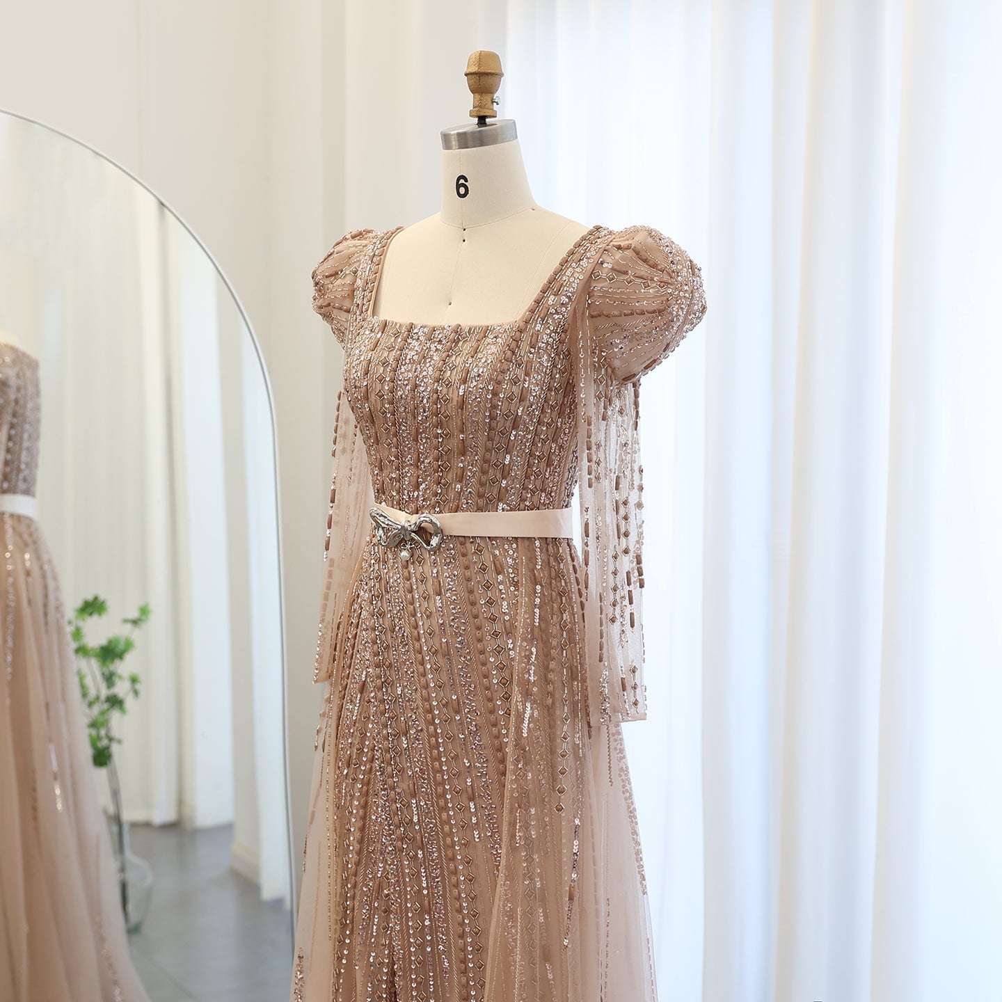 Luxury Fuchsia Long Sleeve Evening Dresses with Overskirt SS318