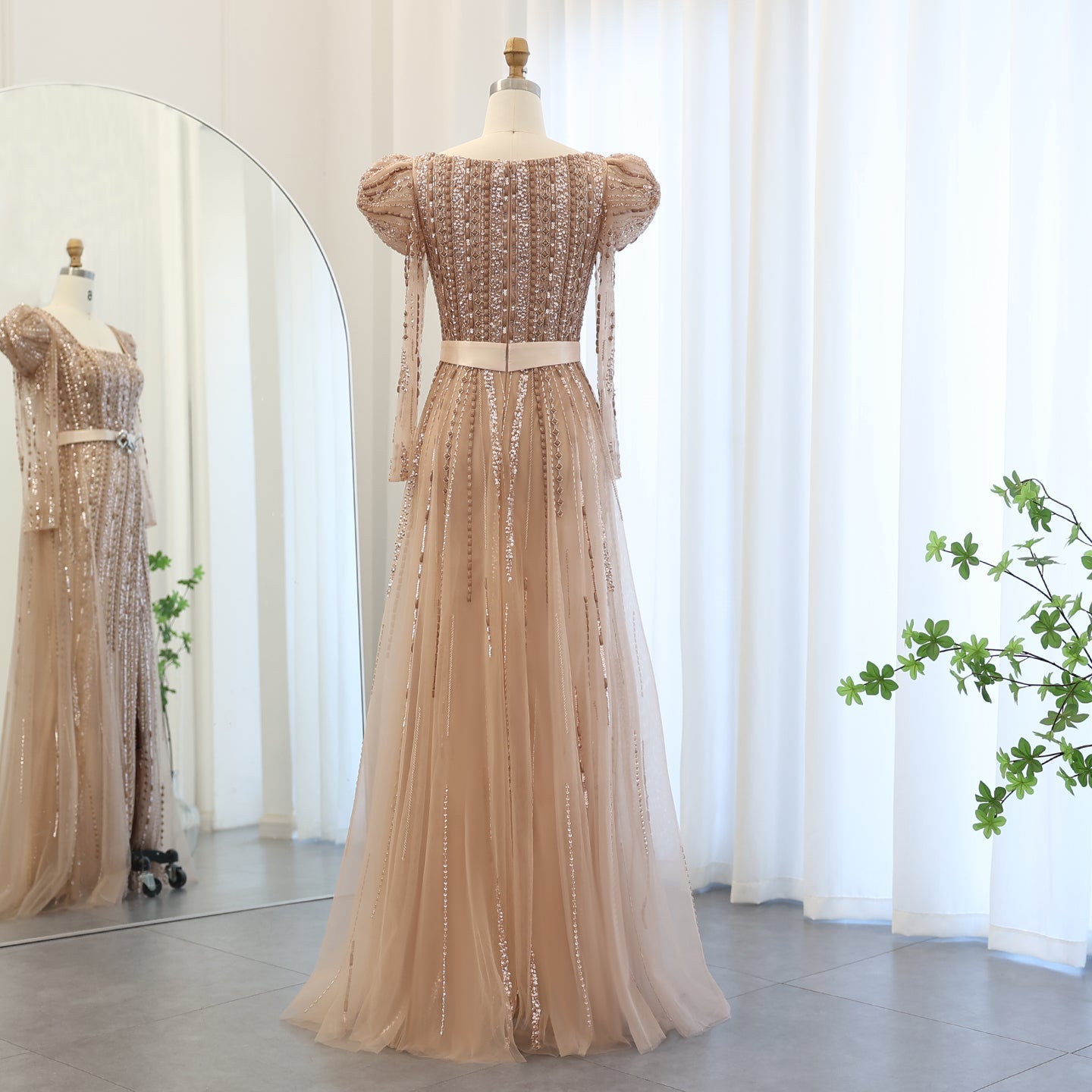 Luxury Fuchsia Long Sleeve Evening Dresses with Overskirt SS318
