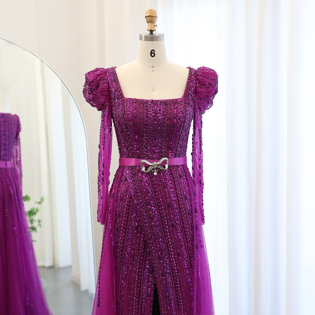 Luxury Fuchsia Long Sleeve Evening Dresses with Overskirt SS318