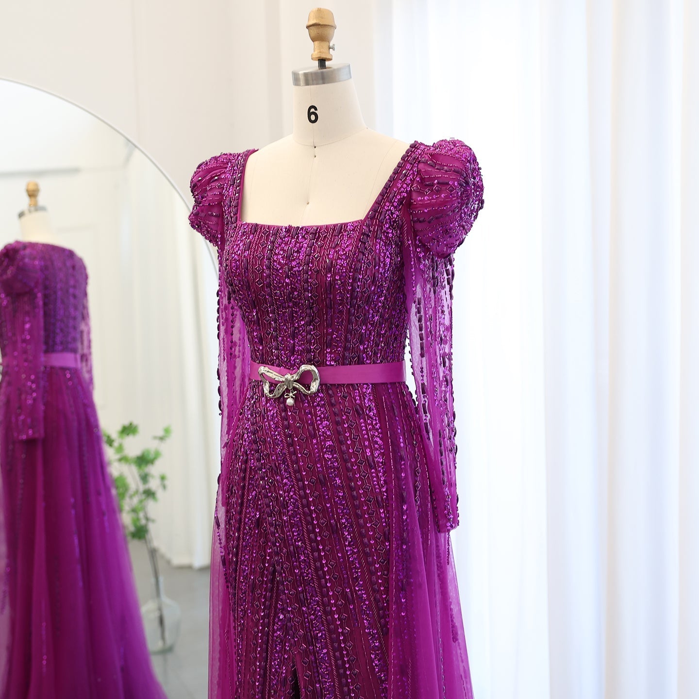 Luxury Fuchsia Long Sleeve Evening Dresses with Overskirt SS318