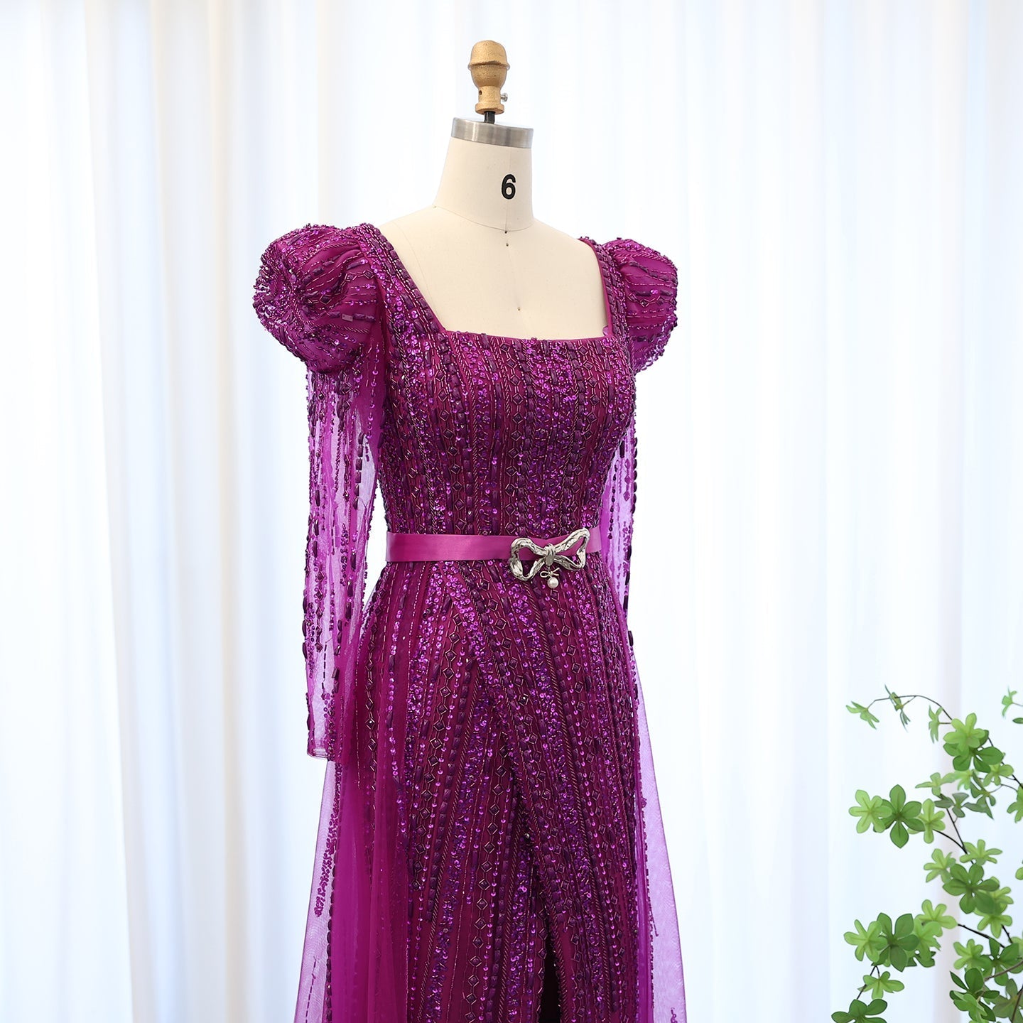 Luxury Fuchsia Long Sleeve Evening Dresses with Overskirt SS318