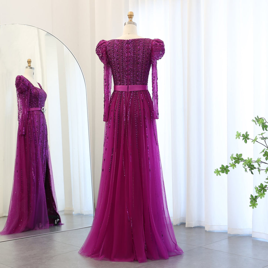 Luxury Fuchsia Long Sleeve Evening Dresses with Overskirt SS318