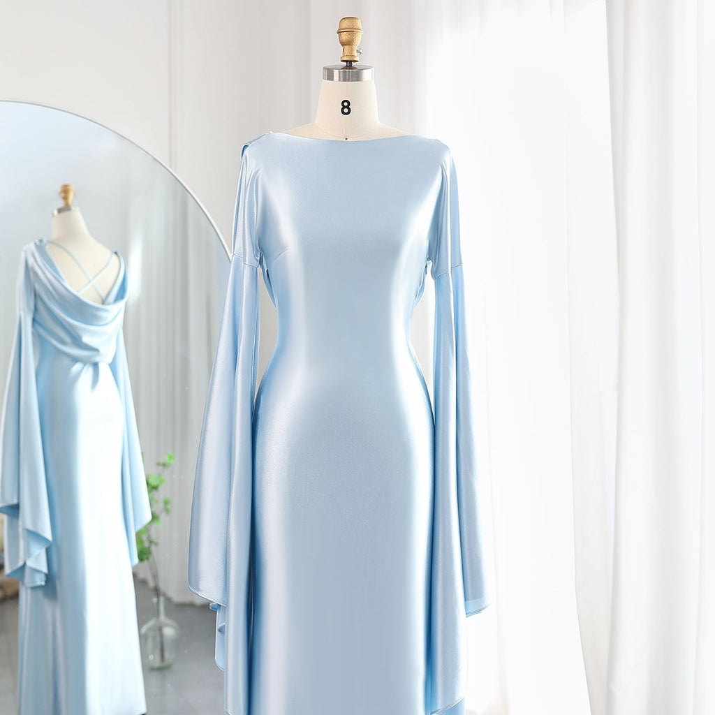 Elegant Light Blue Mermaid Evening Dress with Flare Long Sleeves SF027
