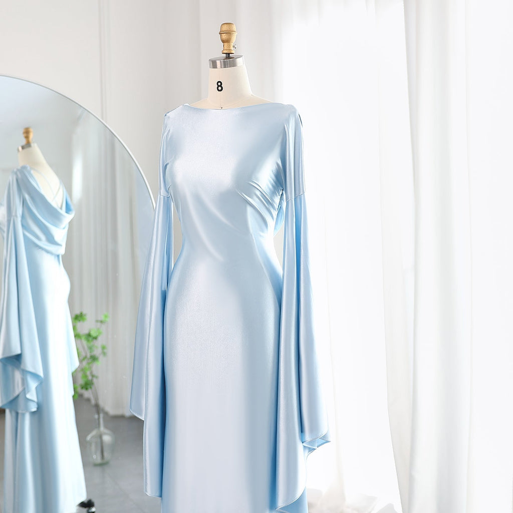 Elegant Light Blue Mermaid Evening Dress with Flare Long Sleeves SF027