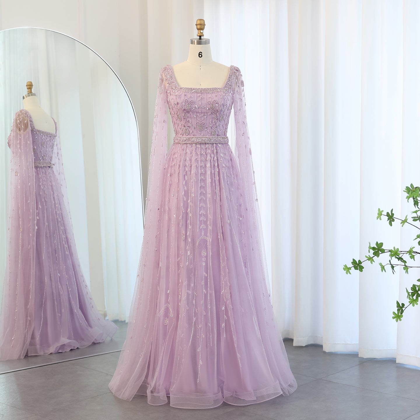 Luxury Beaded Pink Square Neck Cape Sleeves Evening Dress SS494