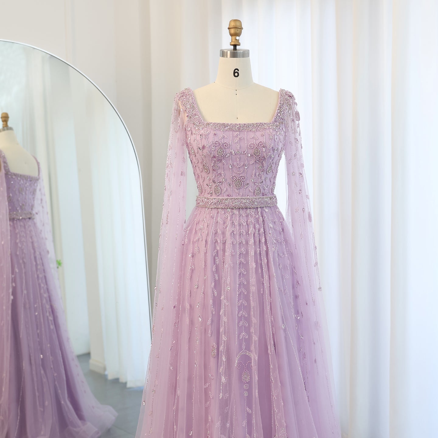 Luxury Beaded Pink Square Neck Cape Sleeves Evening Dress SS494