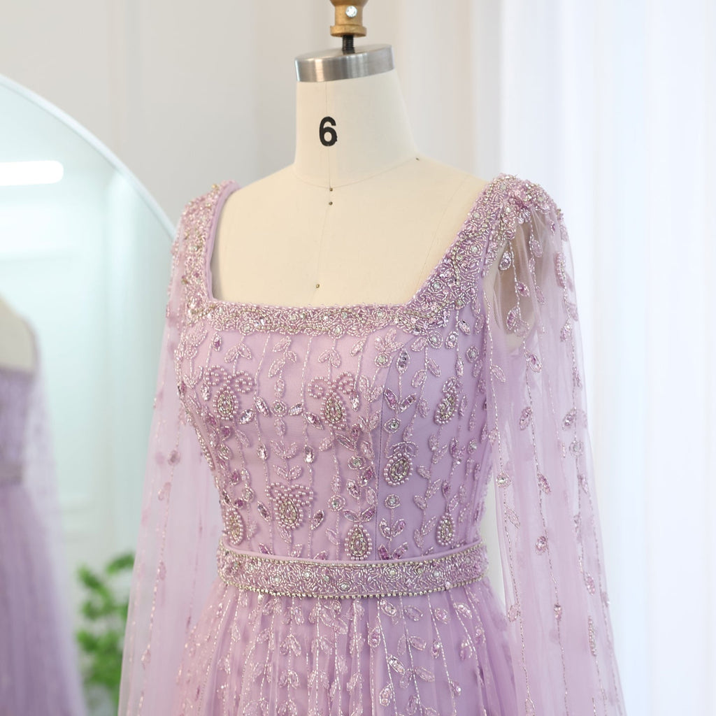 Luxury Beaded Pink Square Neck Cape Sleeves Evening Dress SS494