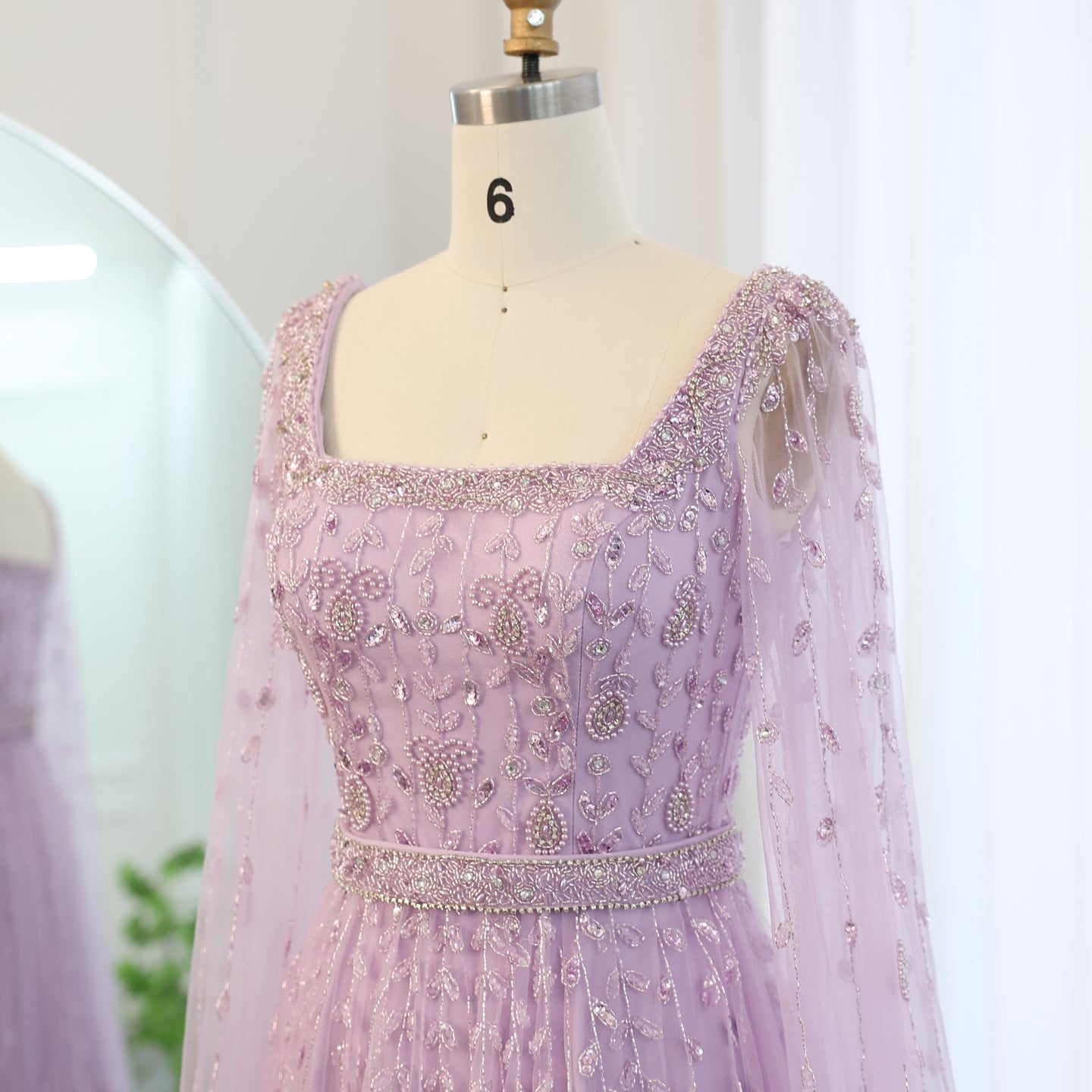 Luxury Beaded Pink Square Neck Cape Sleeves Evening Dress SS494