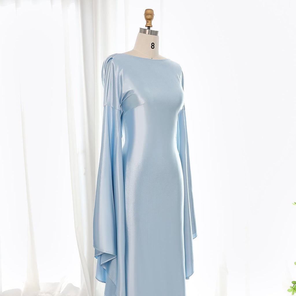 Elegant Light Blue Mermaid Evening Dress with Flare Long Sleeves SF027
