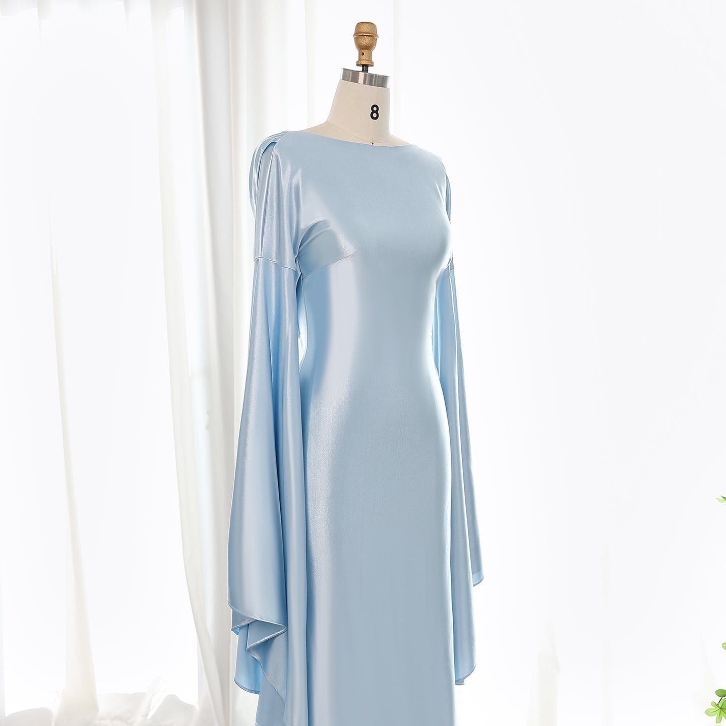 Elegant Light Blue Mermaid Evening Dress with Flare Long Sleeves SF027
