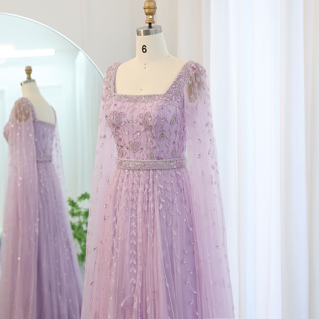 Luxury Beaded Pink Square Neck Cape Sleeves Evening Dress SS494