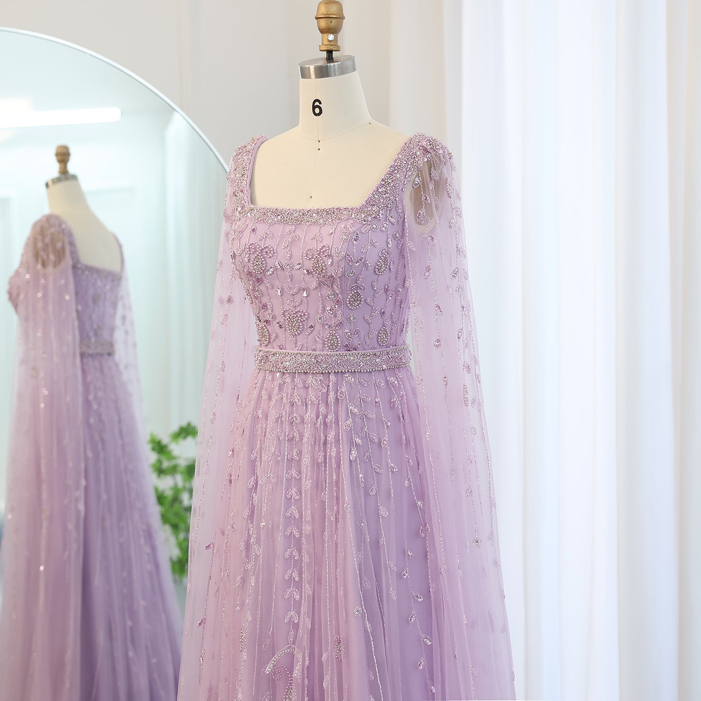 Luxury Beaded Pink Square Neck Cape Sleeves Evening Dress SS494