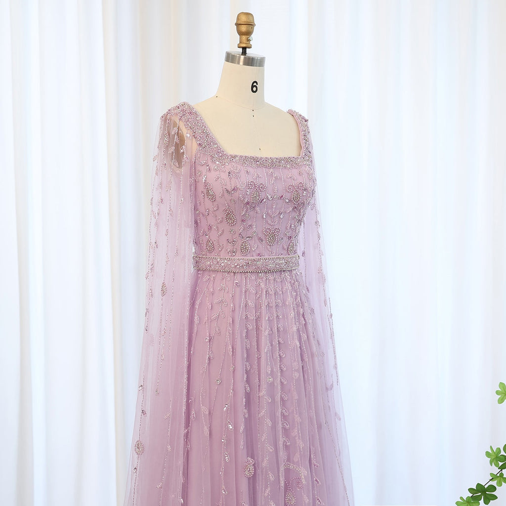 Luxury Beaded Pink Square Neck Cape Sleeves Evening Dress SS494