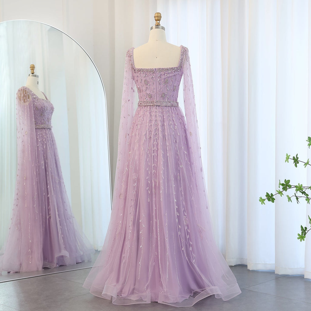 Luxury Beaded Pink Square Neck Cape Sleeves Evening Dress SS494
