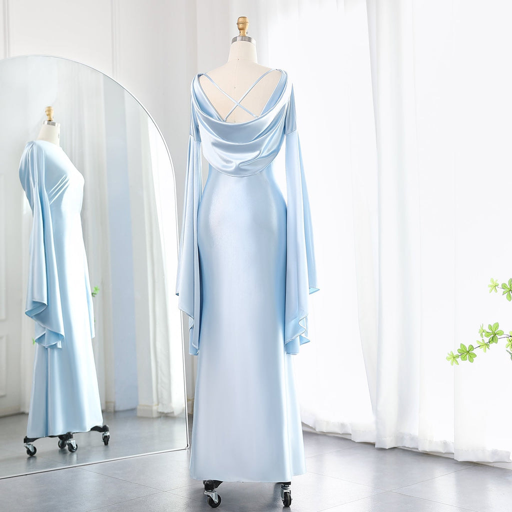 Elegant Light Blue Mermaid Evening Dress with Flare Long Sleeves SF027