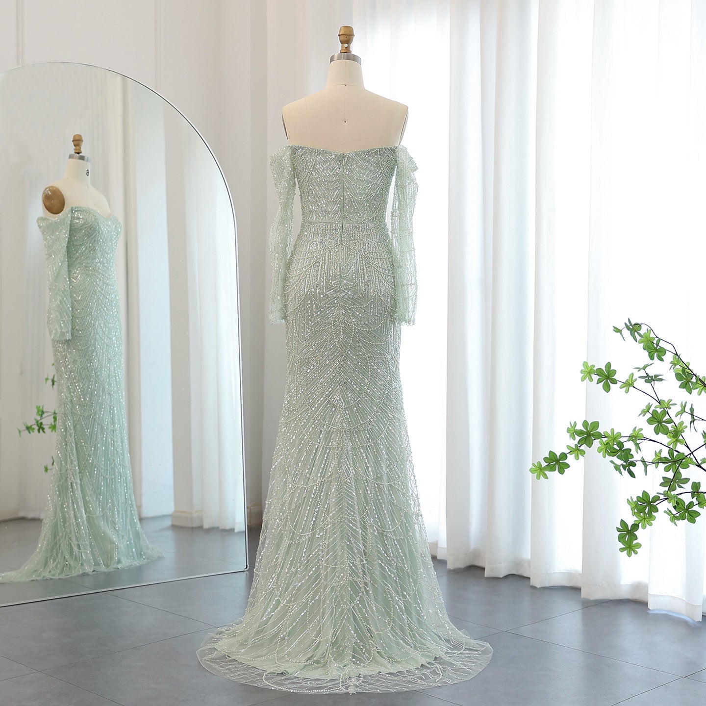 Elegant Pearls Champagne Mermaid Evening Dress SS609